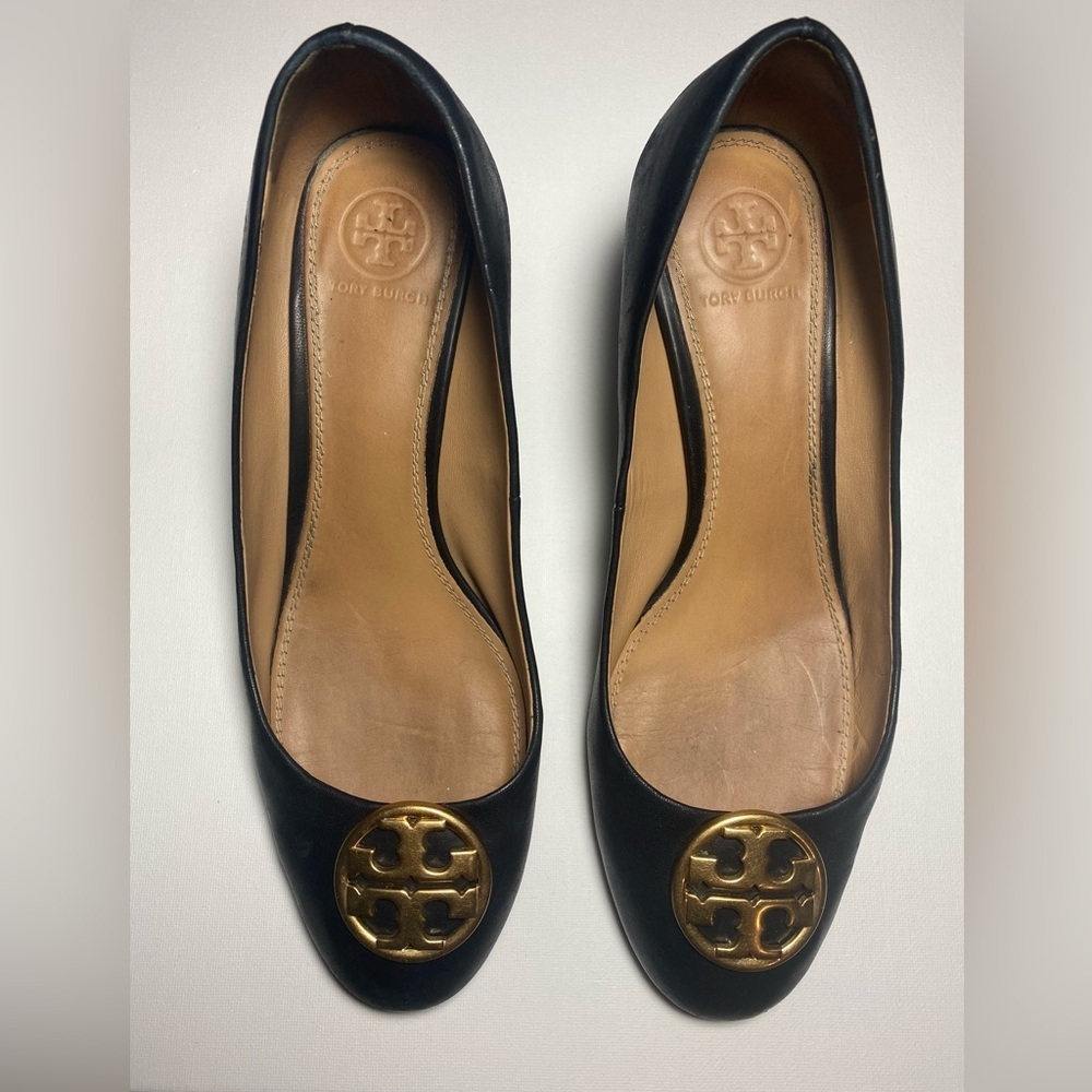 Tory Burch Wedge Heels with Gold Emblems - Picture 1 of 6